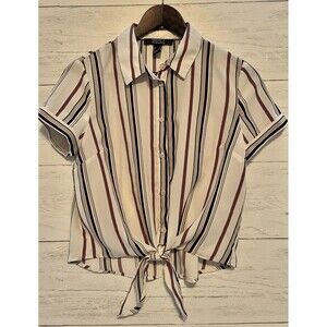 Forever 21 Striped Button Up Short Sleeve Tie Front Crop Top Shirt Size S